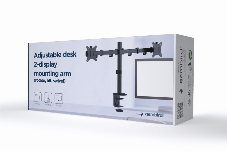 Arm for 2 monitors 17”-32”  Gembird MA-D2-01, Adjustable desk 2-display mounting arm (rotate, tilt,. foto 2