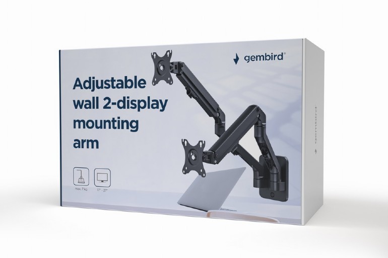 Monitor wall mount arm for 2 monitors up to 17-27”  Gembird MA-WA2-01, Adjustable wall 2 display mo. foto 3